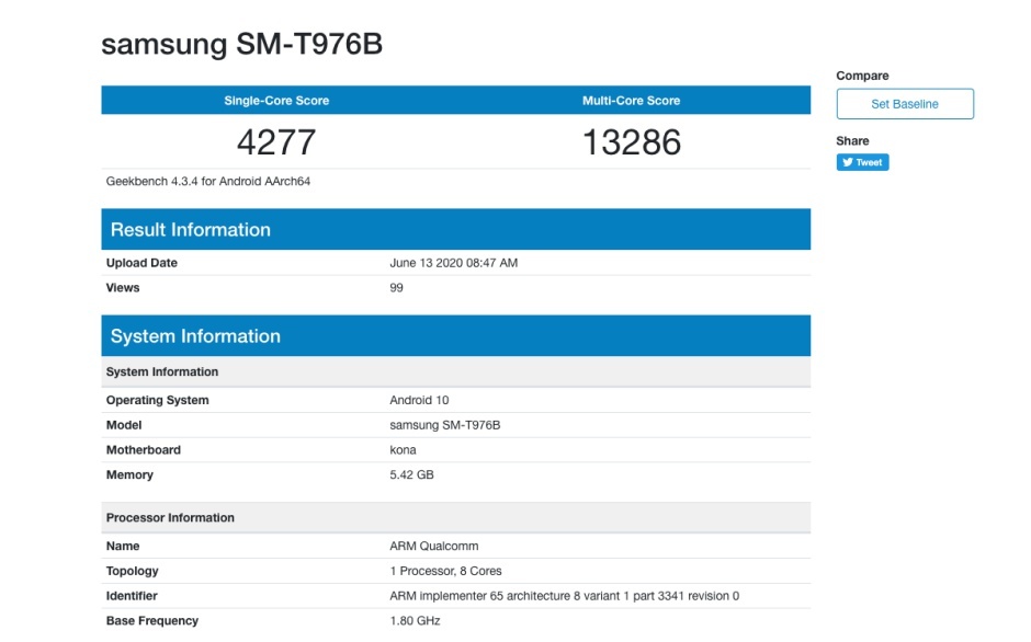 首个基准测试表明三星Galaxy Tab S7 + 5G规格不错但不是很好